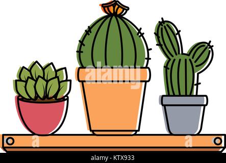 pots with desert plants in shelf vector illustration design Stock Vector