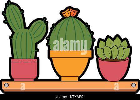 pots with desert plants in shelf vector illustration design Stock Vector