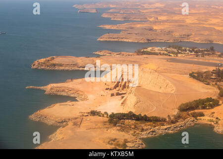Aerial view of Abu Simbel, UNESCO World Heritage Site, and Lake Nasser, Egypt, North Africa, Africa Stock Photo