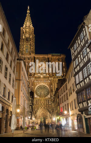Cathedral Notre-Dame at night, Strasbourg, Alsace, Bas-Rhin Department, France, Europe Stock Photo