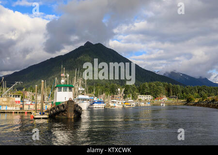 Crescent Boat harbour with beautiful wooded mountains and town of Sitka, rare sunny day, summer, Baranof Island, Alaska, United States of America, Nor Stock Photo