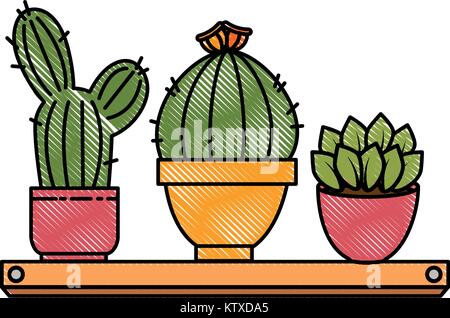 pots with desert plants in shelf vector illustration design Stock Vector