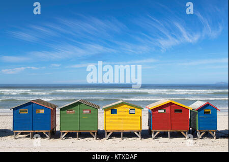 Beach huts on Muizenburg Beach, Cape Town, Western Cape, South Africa, Africa Stock Photo