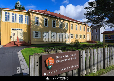 Russian Bishop's House, built 1843 in Sitka spruce, Sitka National Historical Park sign, rare sunny day, Southeast Alaska, United States of America, N Stock Photo