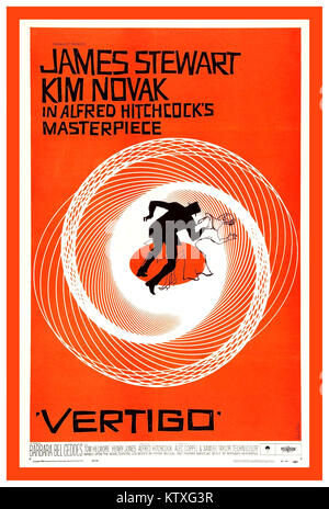 Retro vintage 1958 Film Poster Vertigo by Alfred Hitchcock A psychological thriller film produced by Alfred Hitchcock based on the novel D’entre les morts by Boileau-Narcejac in 1940. Starring James Stewart and Kim Novak Stock Photo