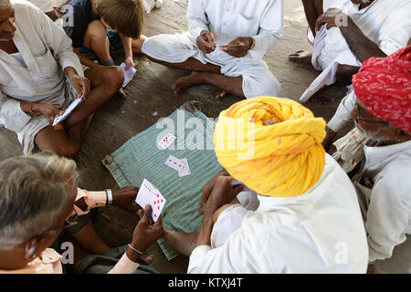 Young caucasian boy joining Indian old man in white outfit wearing turbans playing cards, village near Pushkar, Rajasthan, India. Stock Photo