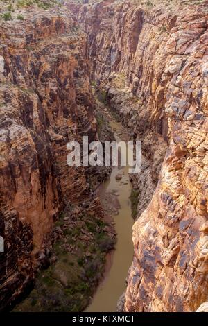 The San Rafael Recreational River winds through sandstone rock canyons at the San Rafael Swell Recreation Area October 10, 2016 near Green River, Utah. Stock Photo