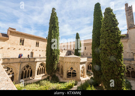 The cloister of the Royal Abbey of Santa Maria de Poblet, a Cistercian monastery in Catalonia, Spain, pantheon of the kings of the Crown of Aragon