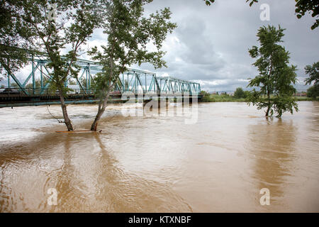 Flood water flooded fields and towns. Natural Catastrophe concept. Stock Photo