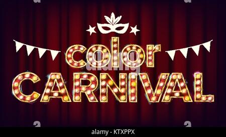 Color Carnival Poster Vector. Carnival 3D Glowing Element. For Masquerade Advertising Design. Retro Illustration Stock Vector