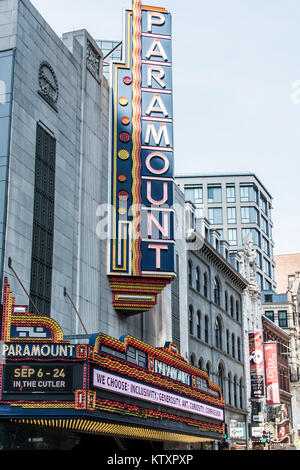 Boston, MA USA 06.09.2017 - Paramount Theater iconic neon sign dominates Washington Street Theater District Stock Photo