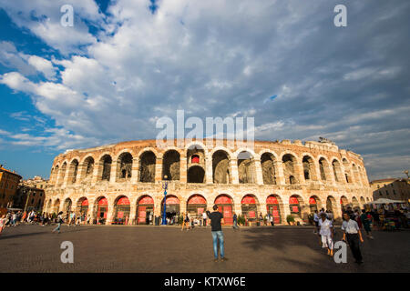 The Verona Arena at sunset, a Roman amphitheatre in Piazza Bra in Verona, Italy, built in the first century Stock Photo