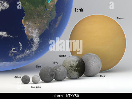 This image represents the comparison between the moons of Saturn in size and Earth with captions. This is a precise comparison  and scientific design  Stock Photo