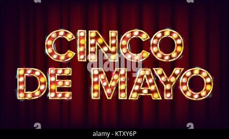 Cinco De Mayo Poster Vector. Carnival Glowing Lamps. For Night Party Poster Design. Vintage Illustration Stock Vector