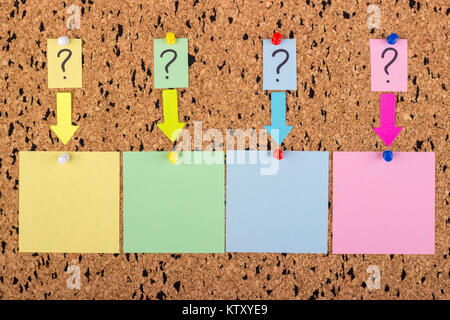 A sticker with a question mark is attached to the cork board. Empty stickers for copy space. Stock Photo
