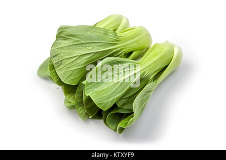 Bok Choy with water droplets on leaves on white background Stock Photo