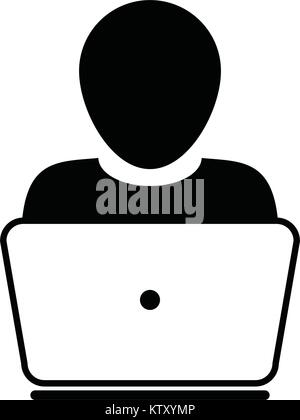 User Icon Vector With Laptop Computer Male Person Profile Avatar for Business and Online Communication Network in Glyph Pictogram Symbol illustration Stock Vector