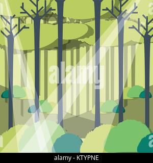 rays of sun light entering in a green forest landscape Stock Vector
