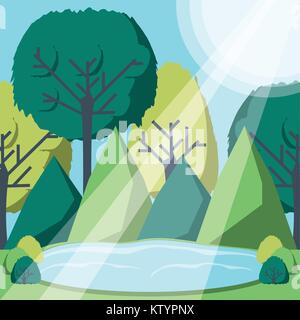 rays of sun light entering in a green forest landscape Stock Vector