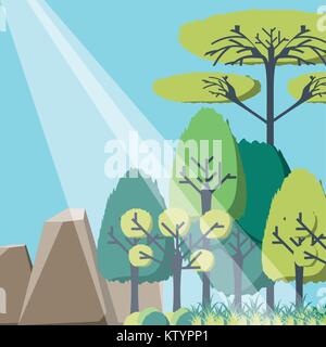 rays of sun light entering in a green forest landscape Stock Vector