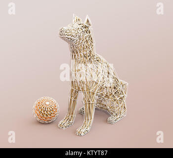 Wire frame of dog and ball  in low polygon style. 3D rendering image. Stock Photo
