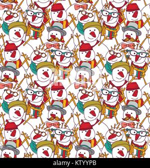 Snowmen fashion hipster winter seamless pattern. Stock Vector