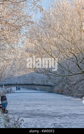 Boys and girls on a frozen canal on ice skates on a beautiful day Stock Photo