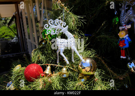 Australian Christmas tree, with reindeer decoration and other baubles Stock Photo