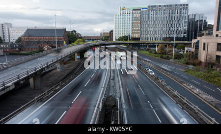 Glasgow, Scotland, UK - September 29, 2017: Heavy traffic moves on the M8 motorway in central Glasgow during rush hour. Stock Photo