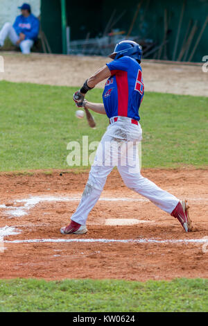 ZAGREB, CROATIA - SEPTEMBER 09, 2017: Baseball match between Baseball Club Zagreb and BK Olimpija 83. Baseball batter on playing field, hitting the ba Stock Photo
