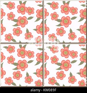 Ceramic tile pattern of garden pink flower green leaf. Stock Vector