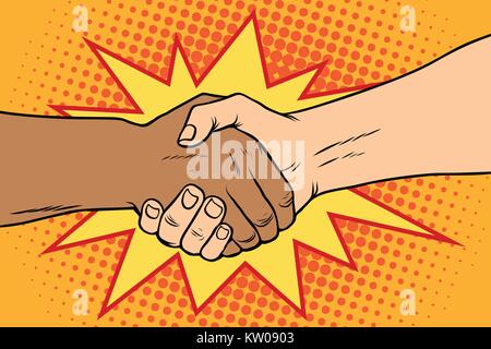 Handshake black and white, African and Caucasian people Stock Vector