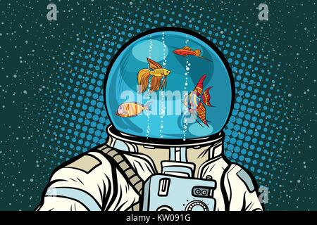 Astronaut with helmet aquarium with fish Stock Vector