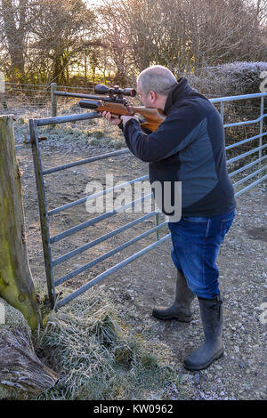 Middle-aged man firing an air rifle on farmland on a cold, frosty day. Stock Photo