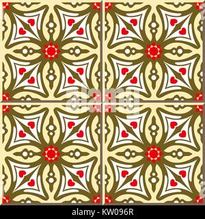 Ceramic tile pattern of cross brown red star flower kaleidoscope Stock Vector