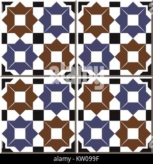 Ceramic tile pattern of blue brown star cross geometry Stock Vector