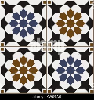 Ceramic tile pattern of Islamic retro blue brown star flower square cross Stock Vector