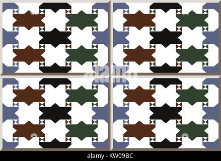 Ceramic tile pattern of retro brown black green blue star triangle cross chain Stock Vector