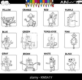 Black and White Cartoon Illustration of Basic Colors Educational Workbook Set for Children with Robots Comic Characters Stock Vector