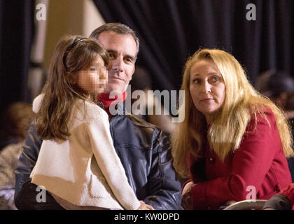 Mayor of Los Angeles Eric Garcetti attending the 86th Annual Hollywood Christmas Parade in Los Angeles, California.  Featuring: Maya Juanita Garcetti, Eric Garcetti, Amy Elaine Wakeland Where: Los Angeles, California, United States When: 26 Nov 2017 Credit: Sheri Determan/WENN.com Stock Photo