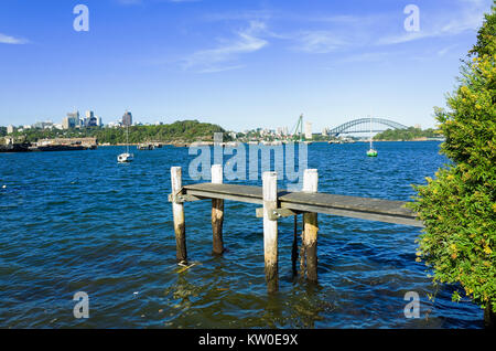 Sydney Australia Harbour Bridge seen from the suburb of Birchgrove on a sunny day. Stock Photo