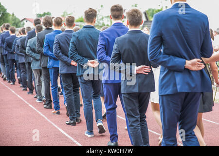 Polonaise dancing on the last day of the school year in one of the Polish secondary schools. Stock Photo