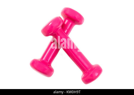 Two plastic coated dumbells isolated on white background. Stock Photo