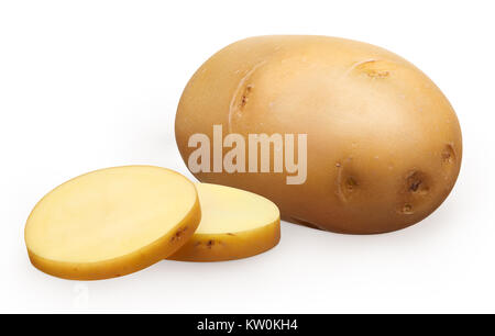 Whole fresh unpeeled potato and two chopped pieces isolated on white background Stock Photo