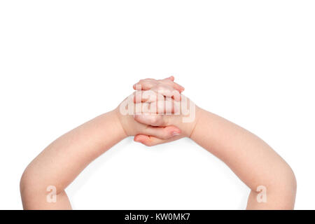 Child hands folded in the lock, top view, isolated on white background Stock Photo