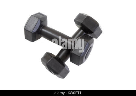 Two black plastic coated dumbells isolated on white background. Stock Photo