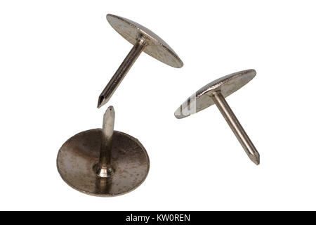 Group of metal thumb tacks isolated on a white background Stock Photo