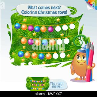 Visual Game for children. Task: what comes next. coloring Christmas toys. Cartoon Vector Illustration of Completing the Pattern Educational Game for P Stock Vector
