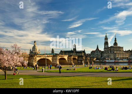 Dresden, new town-dweller king's shore and Old Town view, neustädter Königsufer und Altstadtansicht Stock Photo