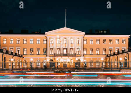 Helsinki, Finland. Presidential Palace In Evening Illuminations. Office Of President And Private Apartments For Official Functions And Receptions. Stock Photo